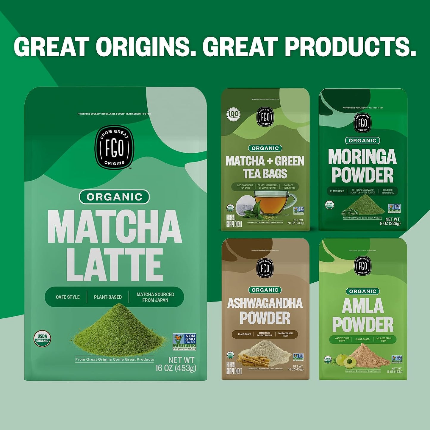 FGO Organic Matcha Latte Powder, 16 Ounce Bulk Resealable Bag, Japanese Matcha with Organic Cane Sugar, Lightly Sweetened, Packaging May Vary (Pack of 1)