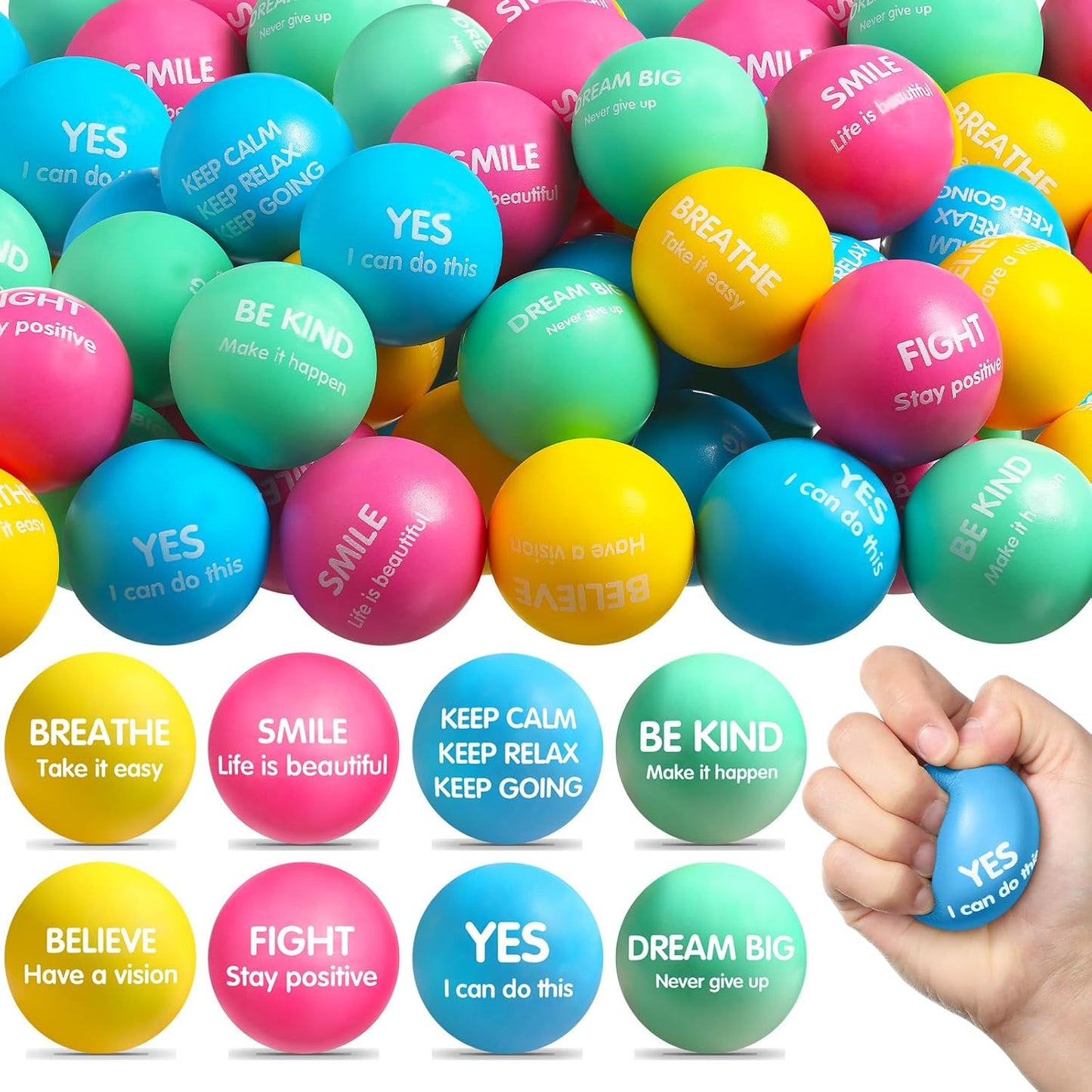 Liliful 100 Pcs Motivational Stress Balls Bulk Inspirational Squeeze Balls for Adults Anxiety Relief Fidget Toys Office Employee Gifts Classroom Rewards 2.2 Inch (Bright Colors)