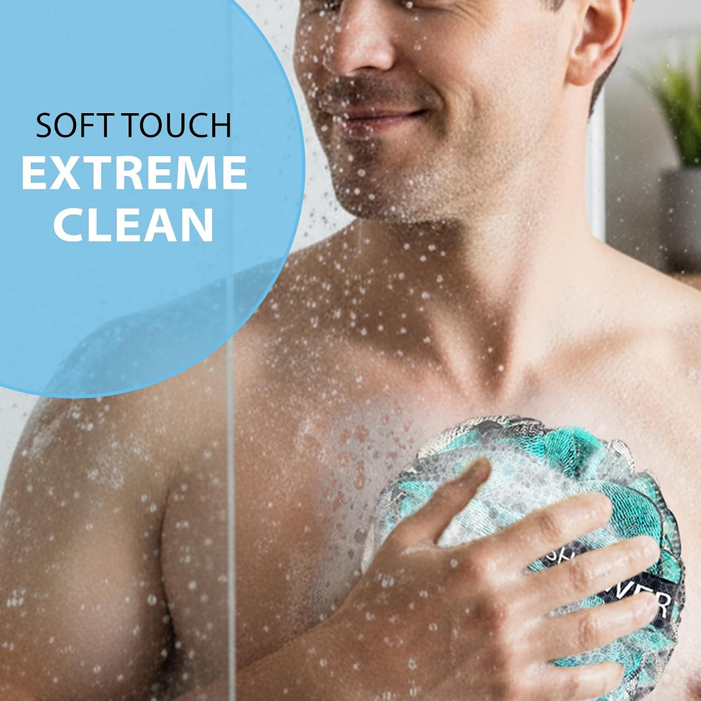 SHOWER BOUQUET Loofah-Charcoal Bath-Sponge XL-Color-4-Pack // Extra Large 75g Soft Mesh Black Luffa Loofa Loufa Puff Set/Exfoliating Body Scrubber for Women and Men - Exfoliate & Soothe Face & Body