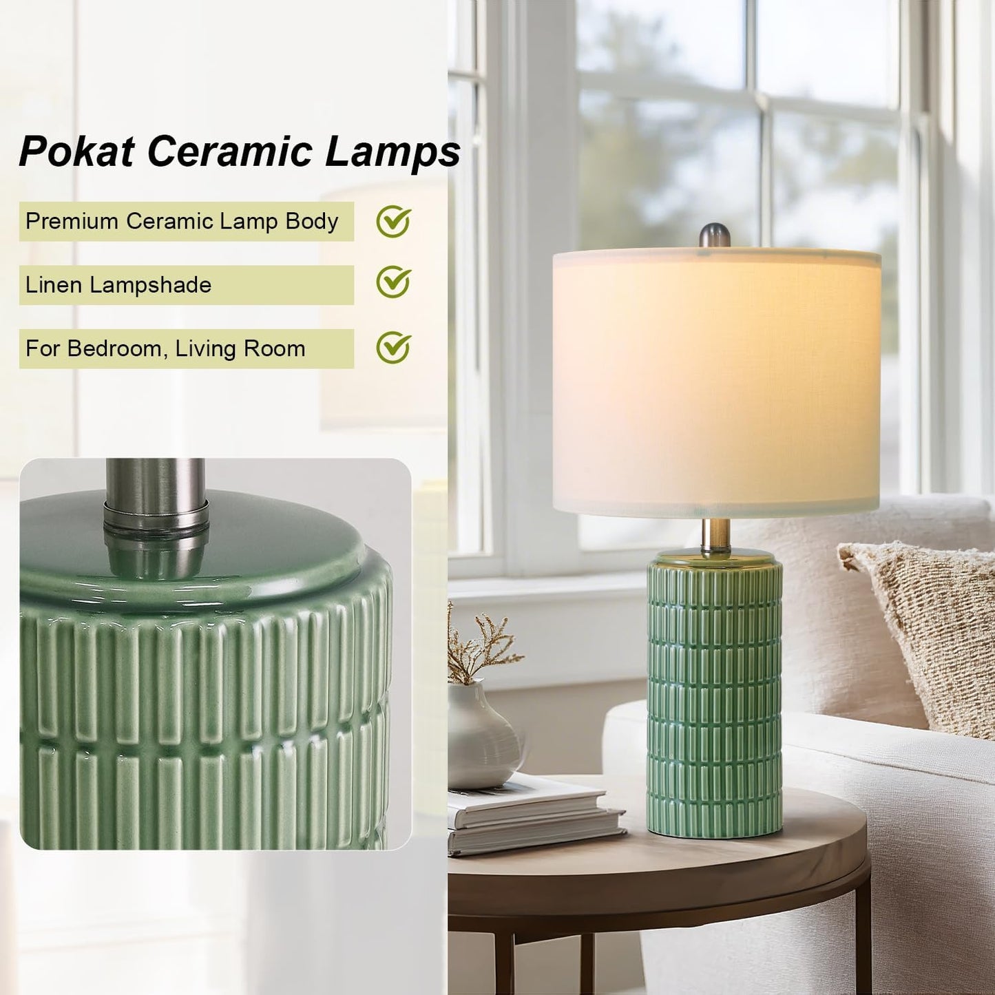 PoKat 20.75" Small Modern Ceramic Table Lamps Set of 2 for Bedroom, White Bedside Lamps for Night Stands, Farmhouse Desk Home Decor Gift Nightstand Table Lamps for Living Room End Table Beige