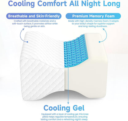 CloudBliss Knee Pillow for Side Sleepers-Cooling Leg Pillow for Side Sleeping, Memory Foam Knee Pillow for Hip Pain, Lower Back Pain, Sciatica Pain, Knee Wedge Pillow with Contour Design, White