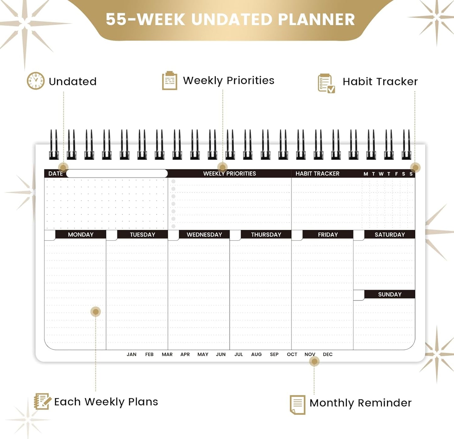 Weekly Planner - Undated Planner for Whole Year, Weekly To Do List, Planner Daily Weekly and Monthly, Goals Scheduled Planner with Habit Tracker, 55 Weeks, 6.3''x11.2''
