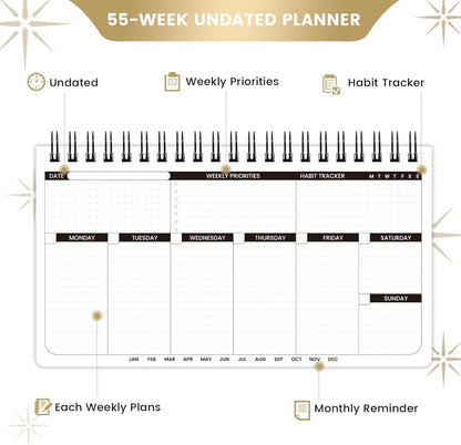 Weekly Planner - Undated Planner for Whole Year, Weekly To Do List, Planner Daily Weekly and Monthly, Goals Scheduled Planner with Habit Tracker, 55 Weeks, 6.3''x11.2''