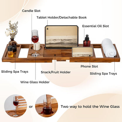 Teak Bathtub Tray - Luxury Bath Tray with Expandable Handles, Wine Glass and Phone Holders, Book Stand - Perfect for Home Spa Relaxation and Reading - Natural Bath Accessories - Dark Walnut Color