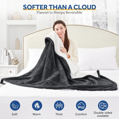 Sealy Heated Blanket Throw with Built-in Button Controller, Reversible Flannel to Sherpa Electric Blanket with 2-10 Hours Auto-Off & 4 Heating Levels, Over-Heat Protection, 50x60 inch, Beige