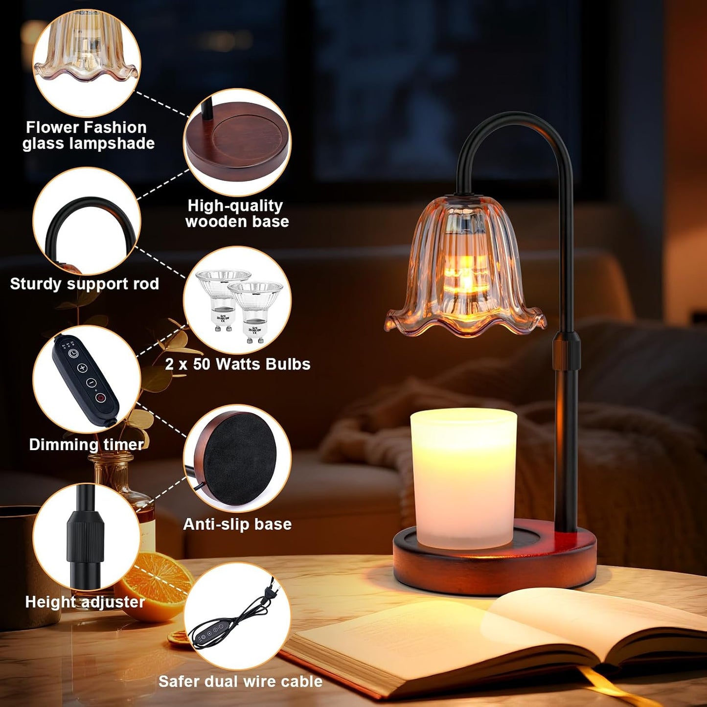 Candle Warmer Lamp Electric Timer: Dimmable Candles Warming Lamps - Height Adjustable Burner Jar - No Flame Scented Melts Wax - All Candle Jars Home Decor Table Light
