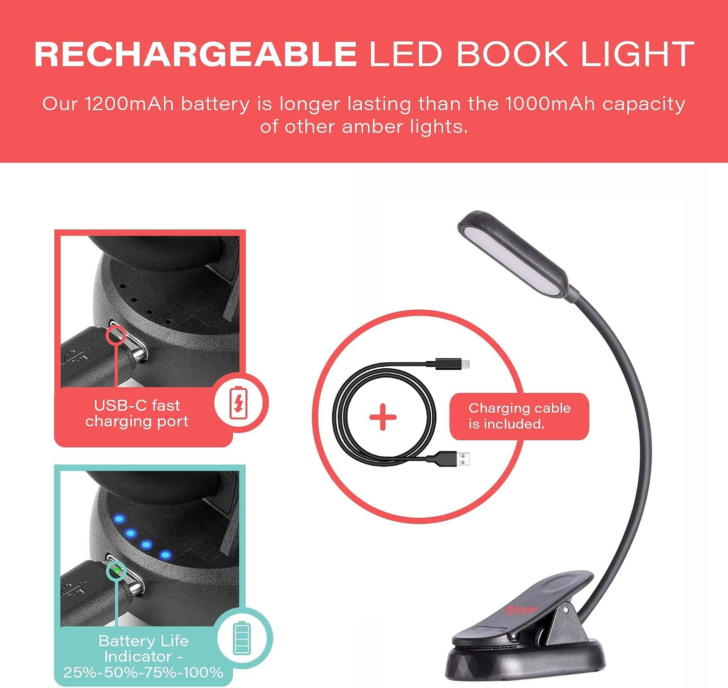 hooga Amber Book Light – Blue Light Blocking Reading Light for Bed, Stepless Dimming, Rechargeable Clip-On Night Light, 1600K Amber & 625nm Red LED for Night Reading