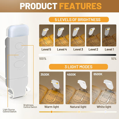 Book Reading Light Rechargeable Clip on Book Lamp with 3 Color Temperatures