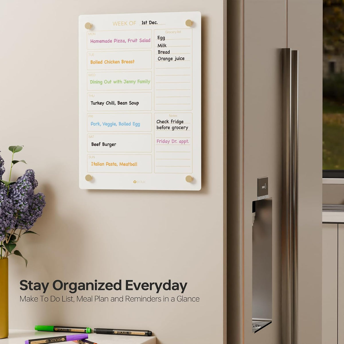 Yeoux Black Glass Golden Weekly & Menu Dry Erase Calendar Board 15“x11