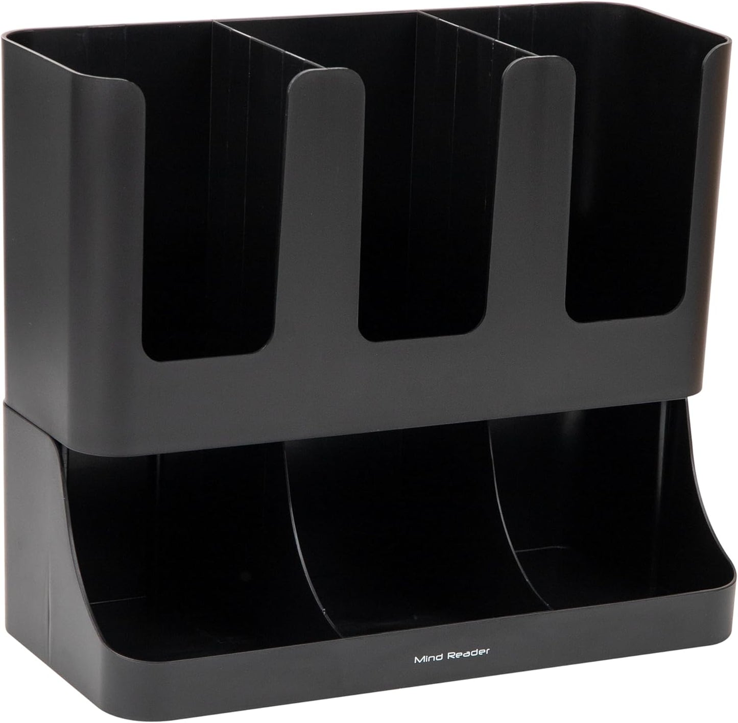 Mind Reader Condiment Station, 13 Inch Countertop Coffee Bar Organizer with 6 Compartments, Storage Caddy for Cups, Lids and Packets, Plastic, Black