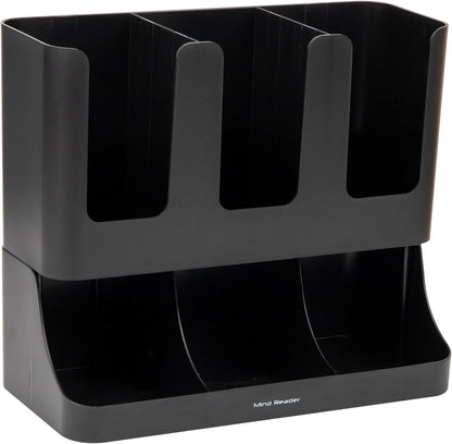 Mind Reader Condiment Station, 13 Inch Countertop Coffee Bar Organizer with 6 Compartments, Storage Caddy for Cups, Lids and Packets, Plastic, Black