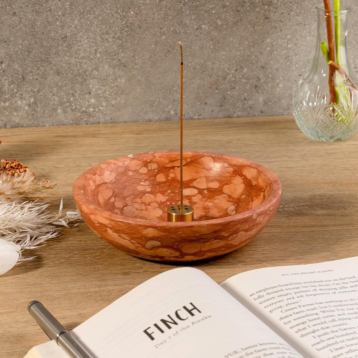 Koville Natural Marble Incense Holder, Incense Holder for Sticks with 9 Holes, Handmade Incense Burner Ash Catcher for Meditation Yoga SPA, Balsam Fir/Palo Santo/Sage/Cone (White)
