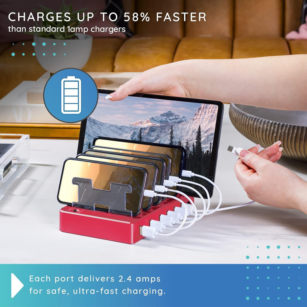 Fast Charging Station for Multiple Devices, 6-Port USB Charging Dock White
