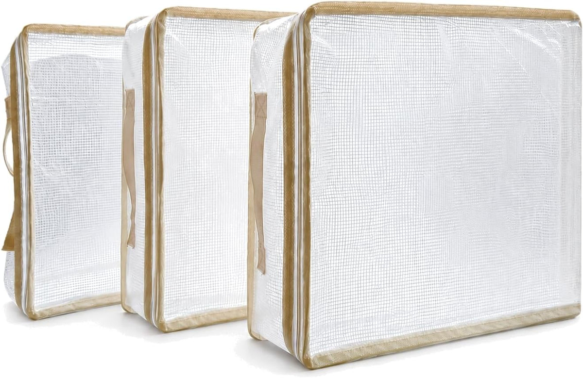 Clear Bed Sheet Organizer Bags, 3 Pack Sheet Storage Bags for Linen Closet, Zippered Bedding Set Organizers for Fitted Sheets, Flat Sheets & Pillowcases, Fits Most Queen/King Sets