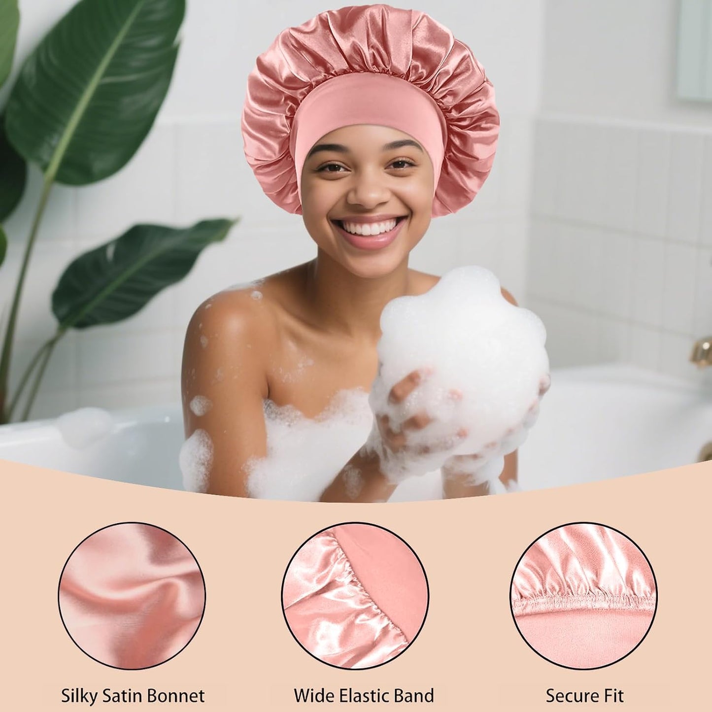 4PCS Silk Satin Bonnets for Black Women & Men - Elastic Wide Band Hair Wrap Cap for Curly Hair - Shower Cap for Sleeping (Black, Peacock Blue, Pink, Khaki)