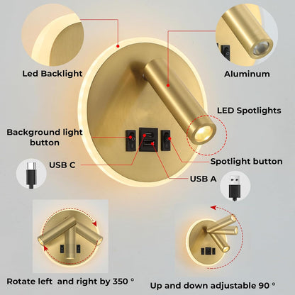 Plug in Wall Lamps for Bedroom Living Room, Wall Mounted Reading Lights with USB C+A Charging Ports, Headboard Lamp 360°Rotation, Wall Mount Lamp with 3 Color Temperature 3W+9W Night Light