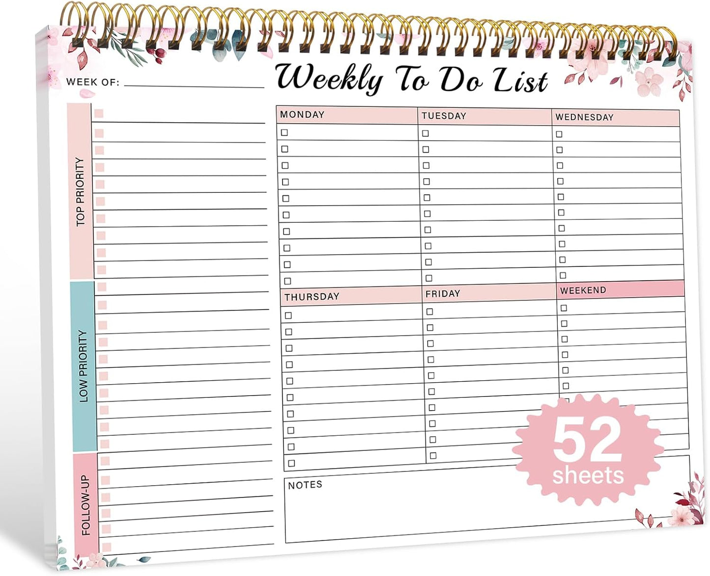 Weekly To Do List Notepad with 52 Undated Sheets（8.5"×11"）- Weekly Desk Planner Pad with Spiral Binding for Women & Man, Office, School and Home Personal Organizer