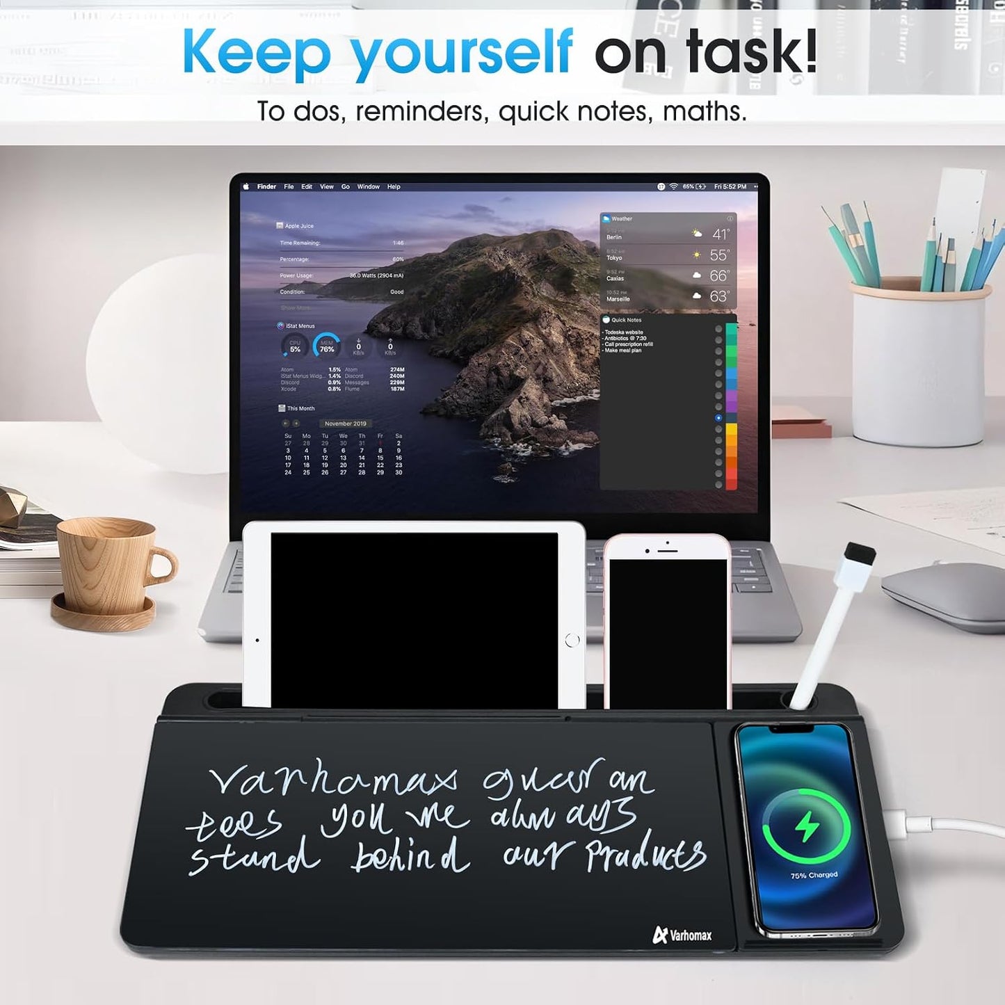 Varhomax Glass Weekly Dry Erase Desk White Board, Desktop to Do List Planner Whiteboard Calendar with Storage Caddy Memo for Home and Office, White