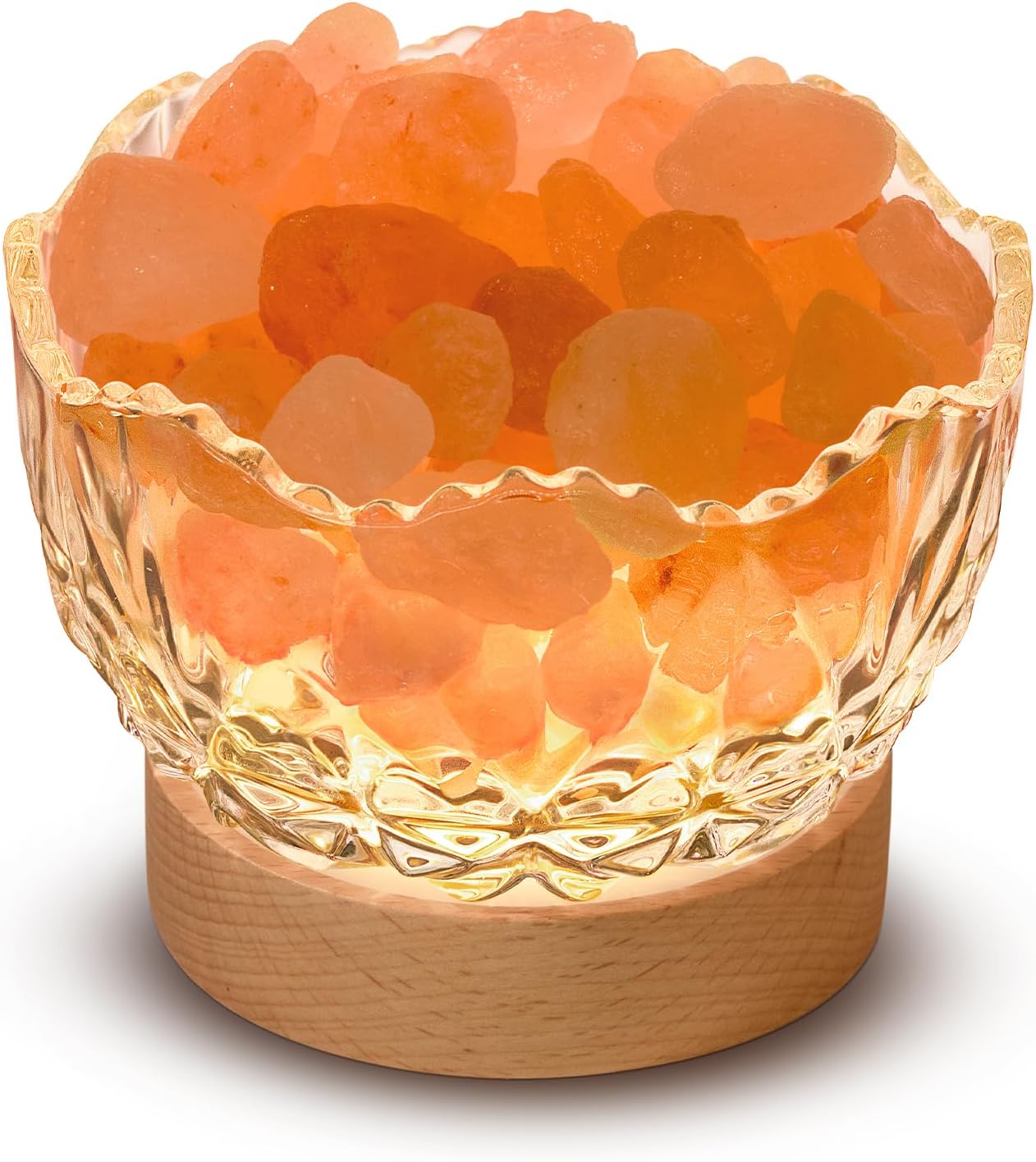 Himalayan Salt Lamp, Pink, Wooden Base, 10 Levels of Light Intensity Adjustment, USB Plug, 1 Year Warranty