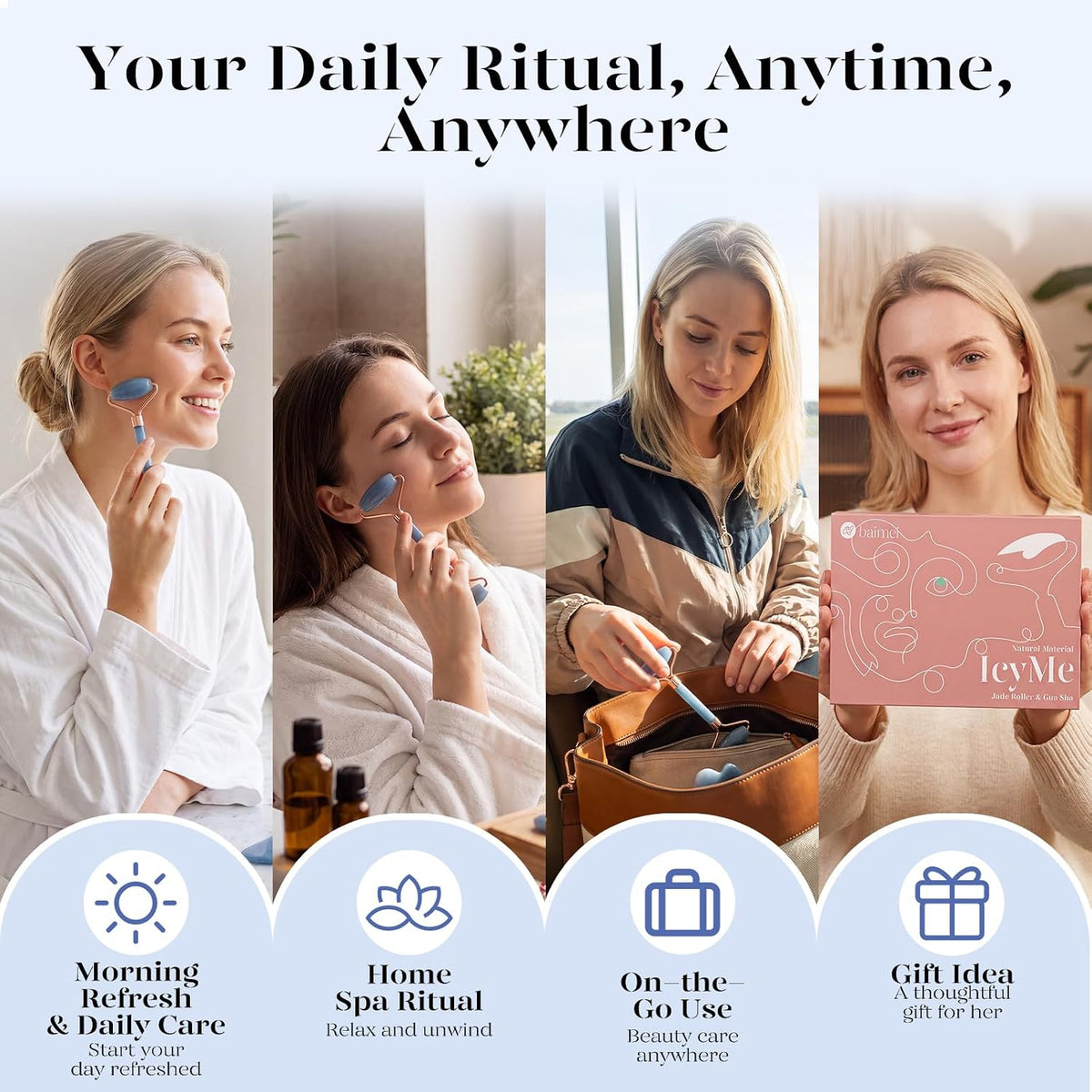 BAIMEI IcyMe Rose Quartz Roller & Gua Sha Facial Tool Set for Depuffing