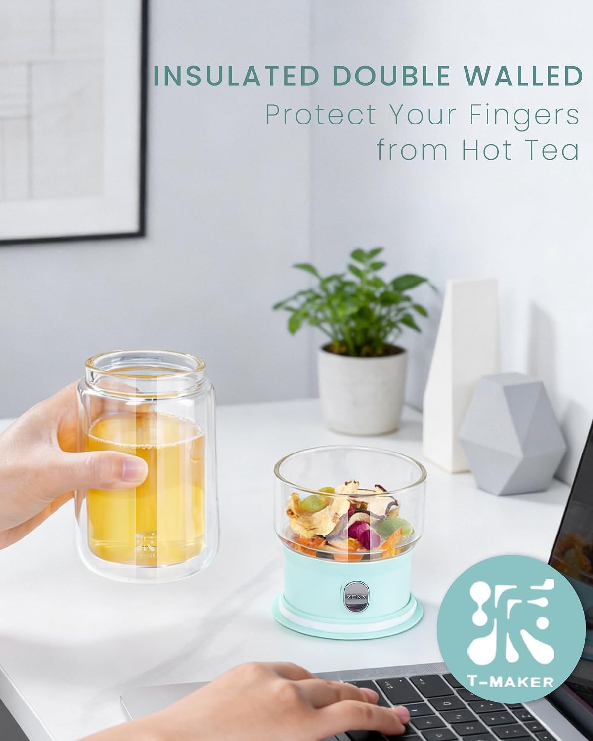 ZENS Modern Glass Infuser Teapot, One Touch Tea Maker for Loose Leaf Tea with Insulated Mug and Portable Case. Enchanted Pot Alternatives for Tea Lover Gifts