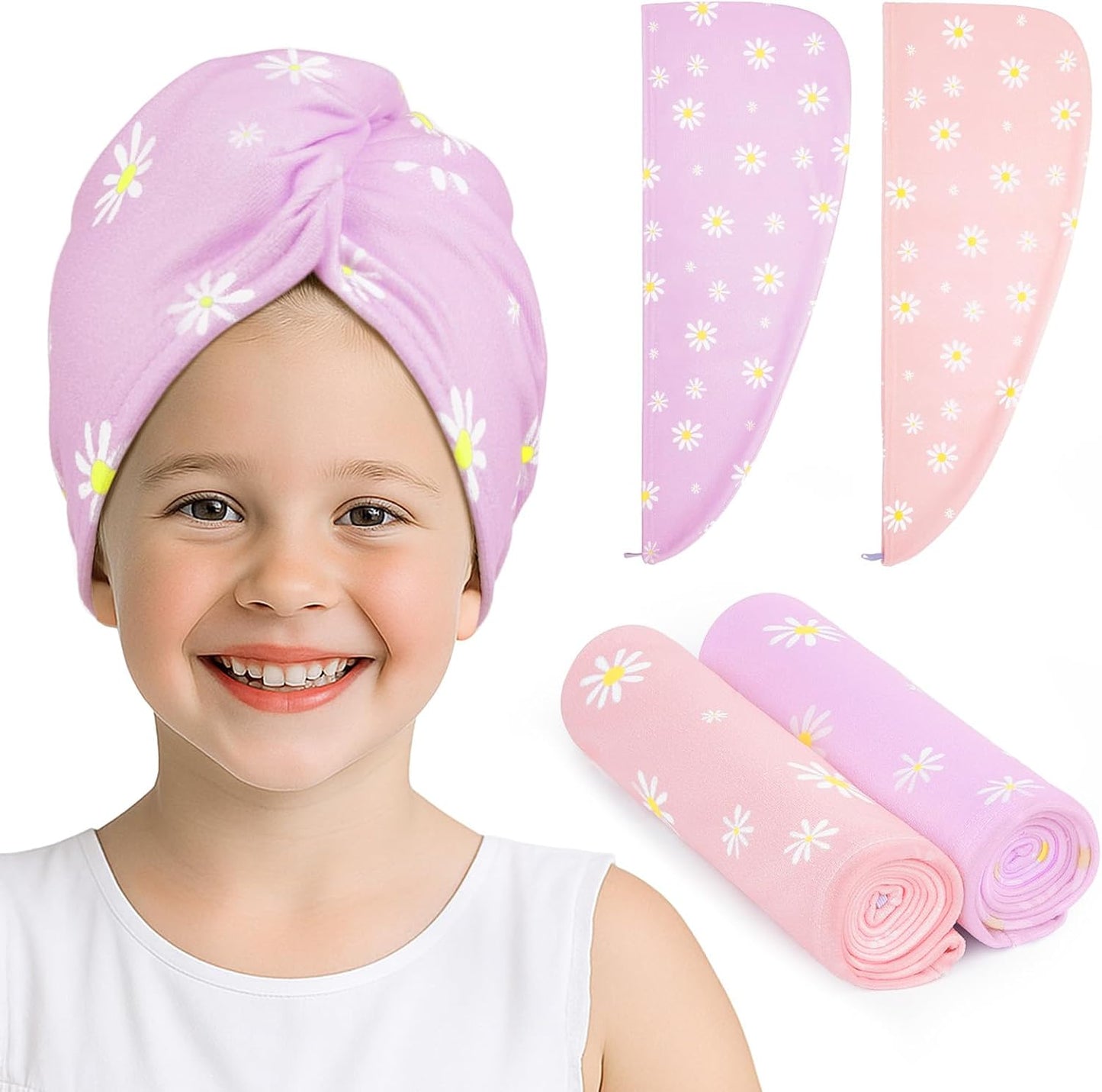 Unicorn Castle Microfiber Hair Towel for Kids 2Pack Hair Wrap Towels Absorbent Hair Drying Towel Wrap Hair Turbans for Curly Thick Hair, Pink White Strawberry