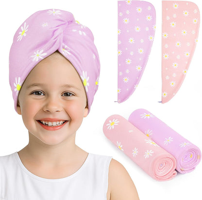 Unicorn Castle Microfiber Hair Towel for Kids 2Pack Hair Wrap Towels Absorbent Hair Drying Towel Wrap Hair Turbans for Curly Thick Hair, Pink White Strawberry