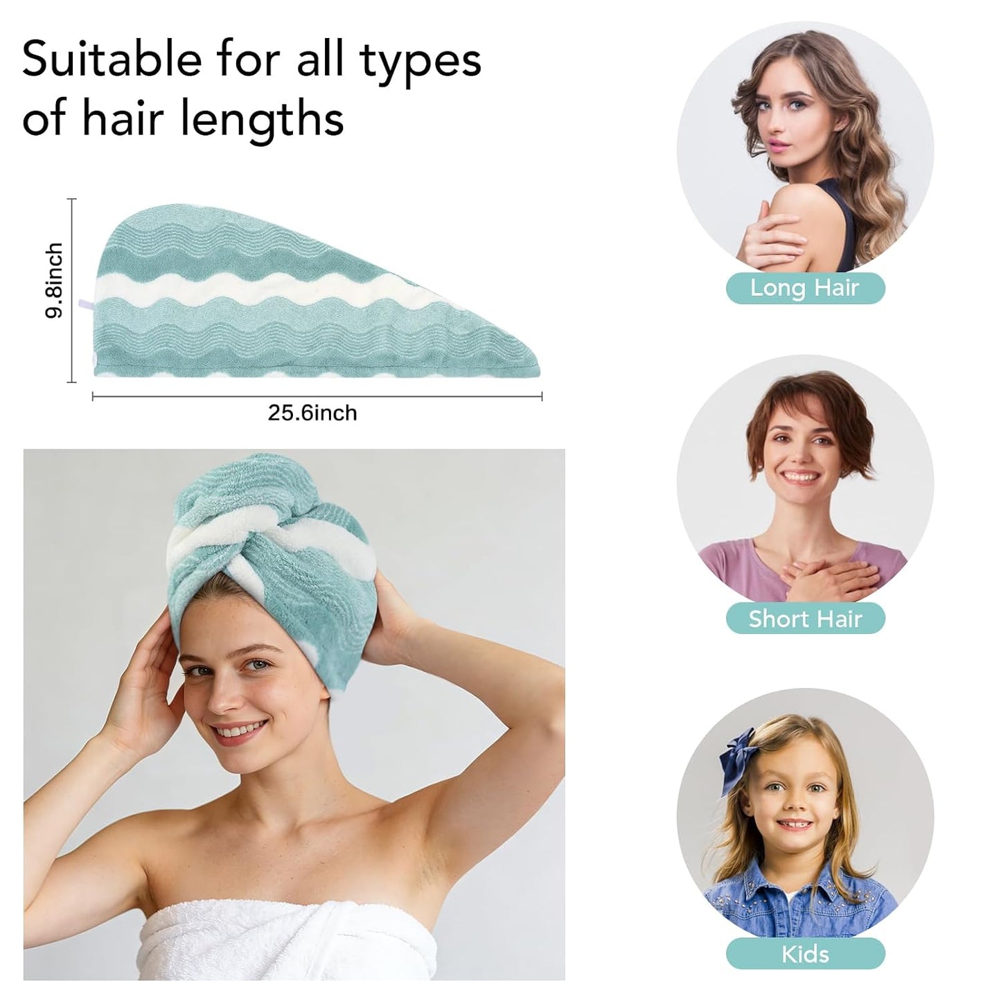 SINLAND Microfiber Hair Drying Cap Hair Towel Turban Twist for Women Fast Drying Towels Head Turban Absorbent Soft Lightweight 3 Pack Black