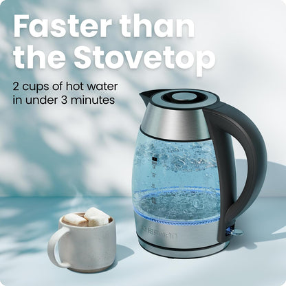 Chefman Electric Kettle, 1.8L 1500W, Hot Water Boiler, Removable Lid for Easy Cleaning, Auto Shut Off, Boil-Dry Protection, Stainless Steel Filter, BPA Free, Borosilicate Glass Electric Tea Kettle
