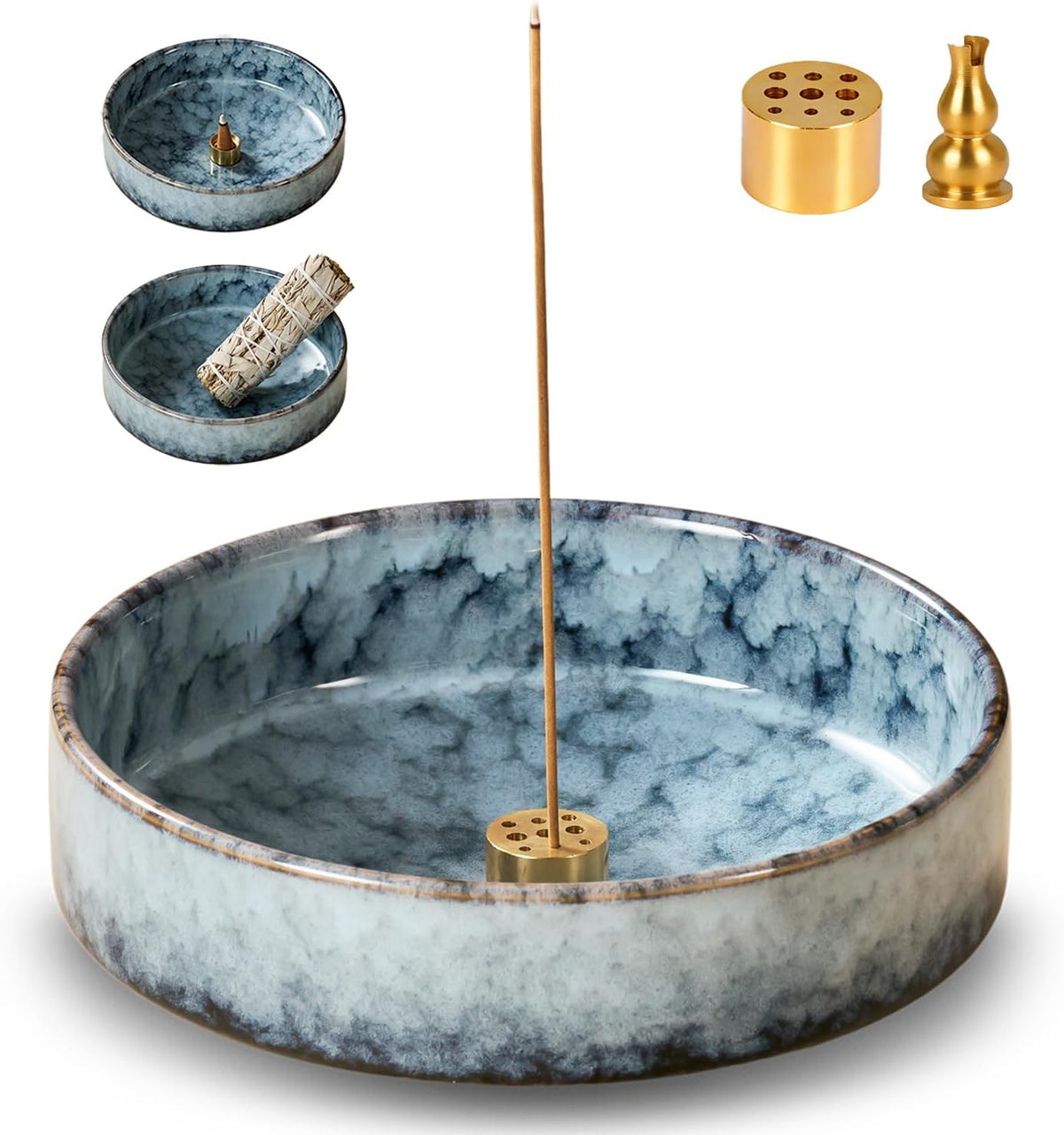 6" Ceramic Incense Holder for Sticks with 10 Holes,5in1 Handmade Flambé Glaze Incense Burner Bowl Ash Catcher for Stick,Coil,Cone,Sage,Palo Santo,Candle - Ideal for Yoga Spa Meditation Home Décor