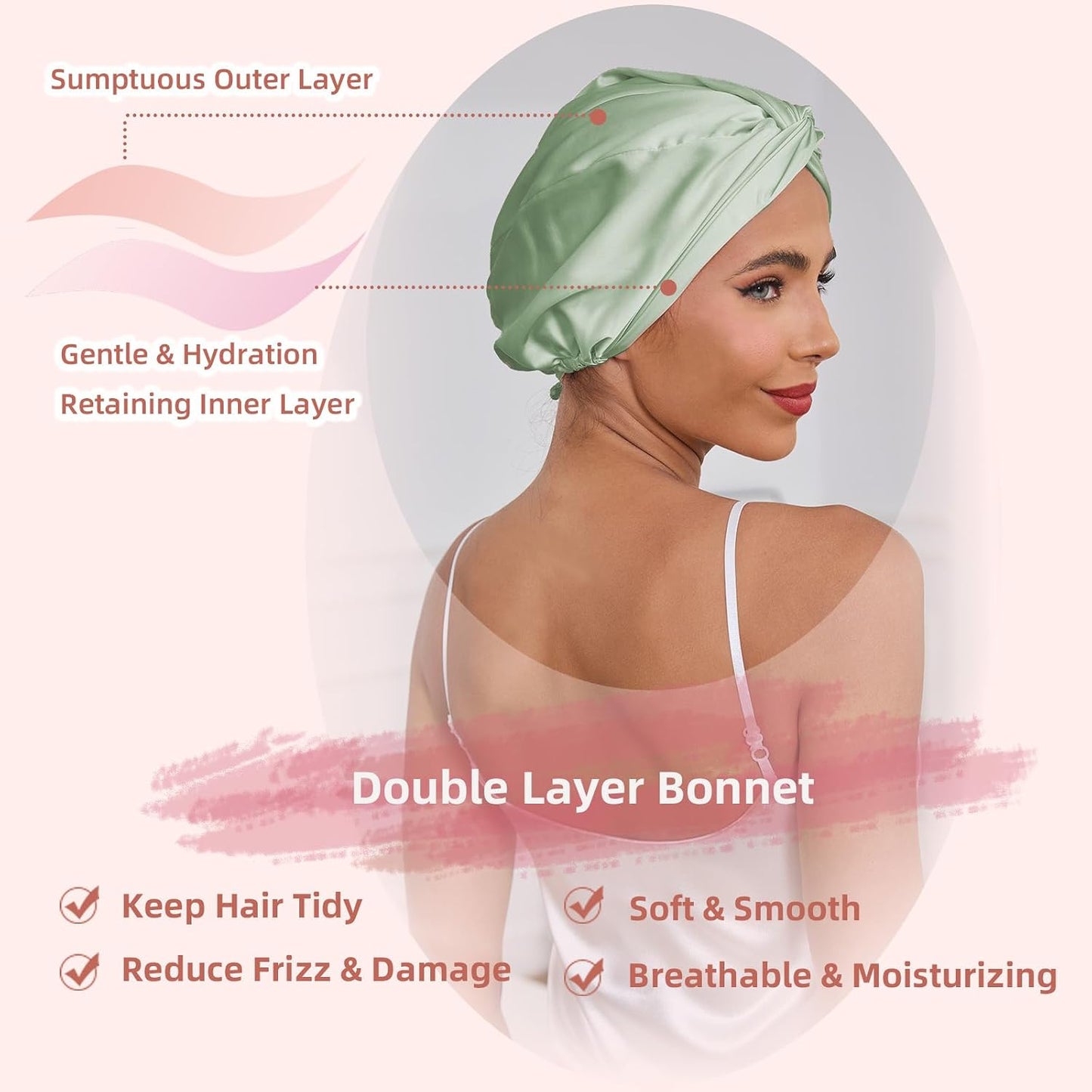 Adjustable Silk Satin Hair Bonnet for Sleeping Women, Double Layer, Silk Hair Wrap for Sleeping Women Men, Curly Natural Braid Straight Unisex - Pink