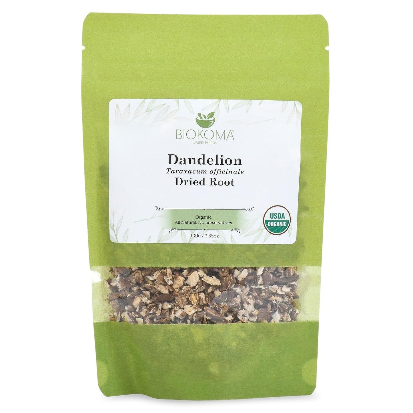 Biokoma Organic Dandelion Root Dried Herb 100g (3.55oz) USDA Organic Taraxacum Cut & Sifted Herbal Tea Kidney Liver Detox Digestion Support Caffeine-Free No Additives No Preservatives No GMO Kosher