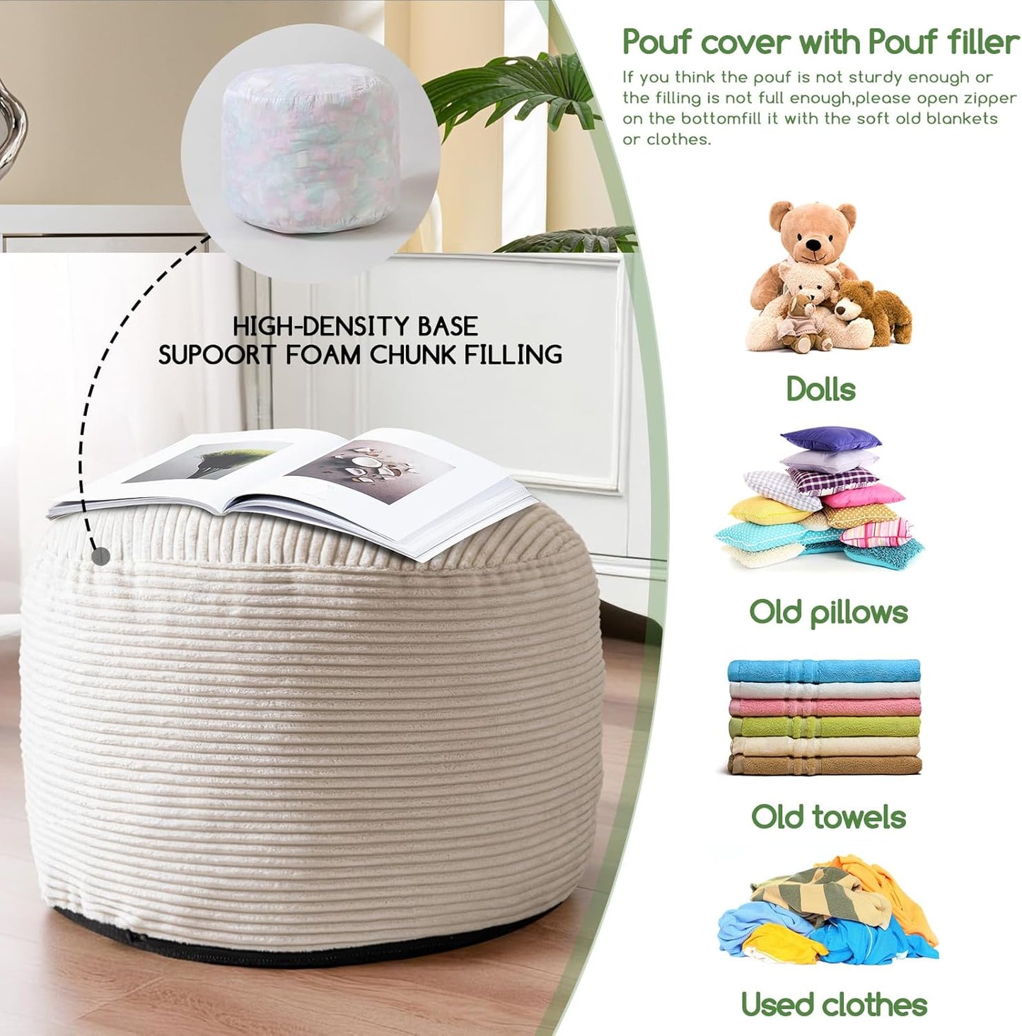 HIGOGOGO Pouf Ottoman Stuffed Round Modern Foam Filled Foot Rest Poufs for Living Room Chair Decorative 20 X 15 Inches Boho Relax Stool for Wedding Christmas Party, Beige