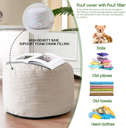 HIGOGOGO Pouf Ottoman Stuffed Round Modern Foam Filled Foot Rest Poufs for Living Room Chair Decorative 20 X 15 Inches Boho Relax Stool for Wedding Christmas Party, Beige