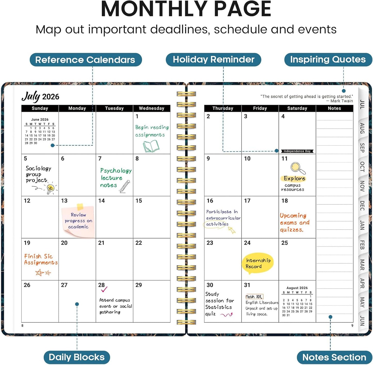 Planner 2026-2027, Academic Monthly and Weekly Calendar Planner for Women, July 2026 - June 2027, Hardcover Pretty Agenda Planner Book with Tabs, Spiral Daily Organizer for School Office Home Supplies, 6.3" x 8.5" - Blue Floral