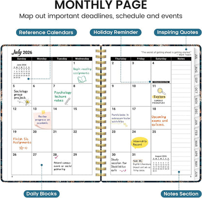 Planner 2026-2027, Academic Monthly and Weekly Calendar Planner for Women, July 2026 - June 2027, Hardcover Pretty Agenda Planner Book with Tabs, Spiral Daily Organizer for School Office Home Supplies, 6.3" x 8.5" - Blue Floral