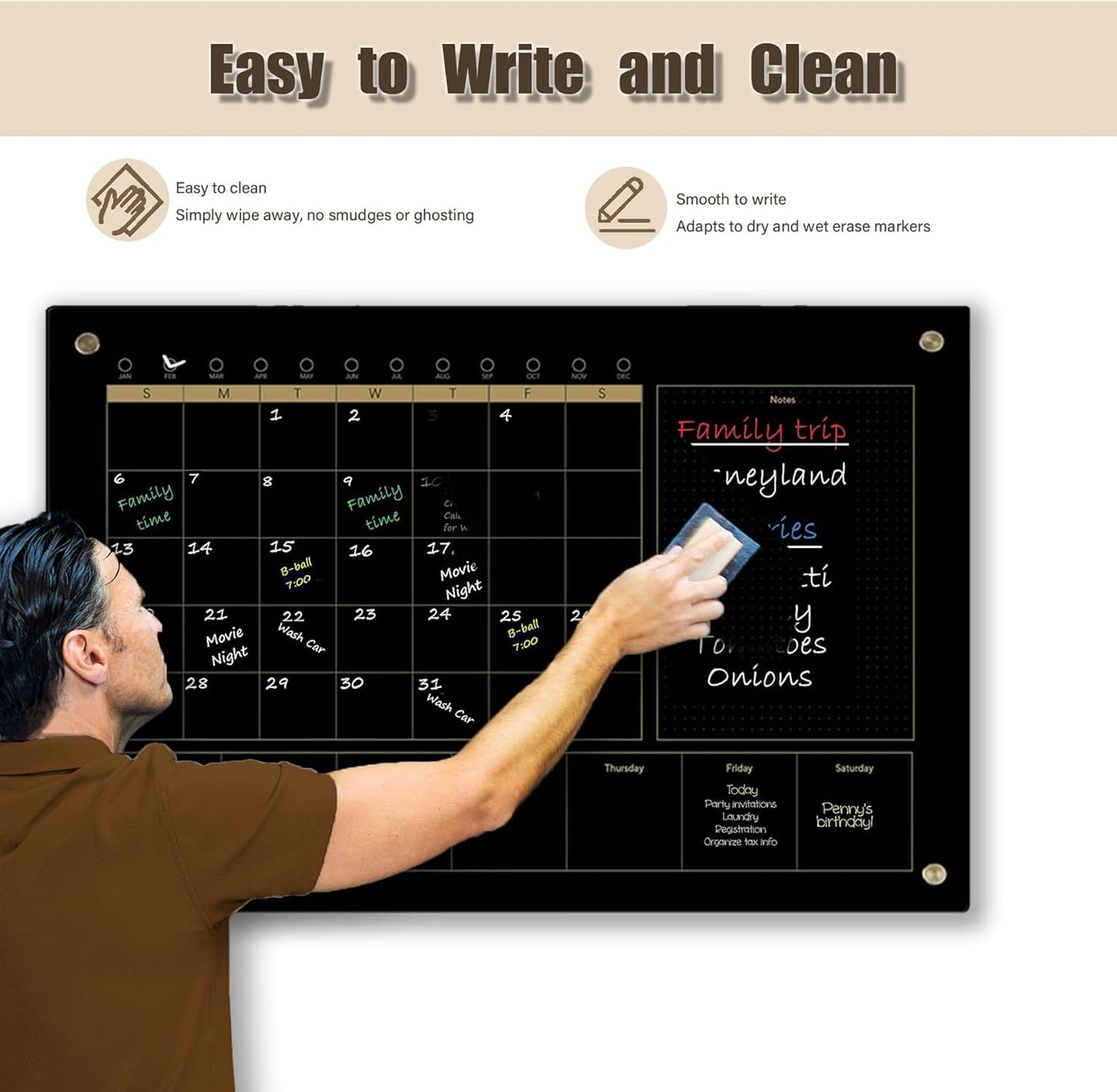 Black Glass 3-1 Monthly Dry Erase Calendar Whiteboard for Wall,24"x 36",Frameless Mounting,Office/School/Home, Frameless Large Planner White Board