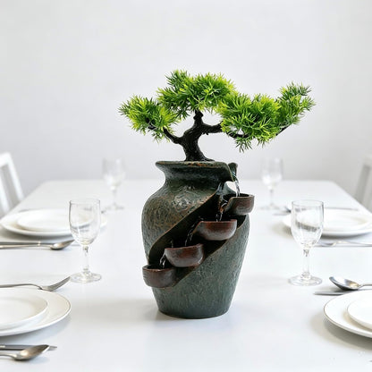 Mini Artificial Bonsai Tree Waterfall Fog Feature Rock Tabletop Fountain | 11in Desktop Decor Waterfall Fountain W/ Water Pump& Atomizer&LED Lights &Fake Tree Office Bedroom Relax