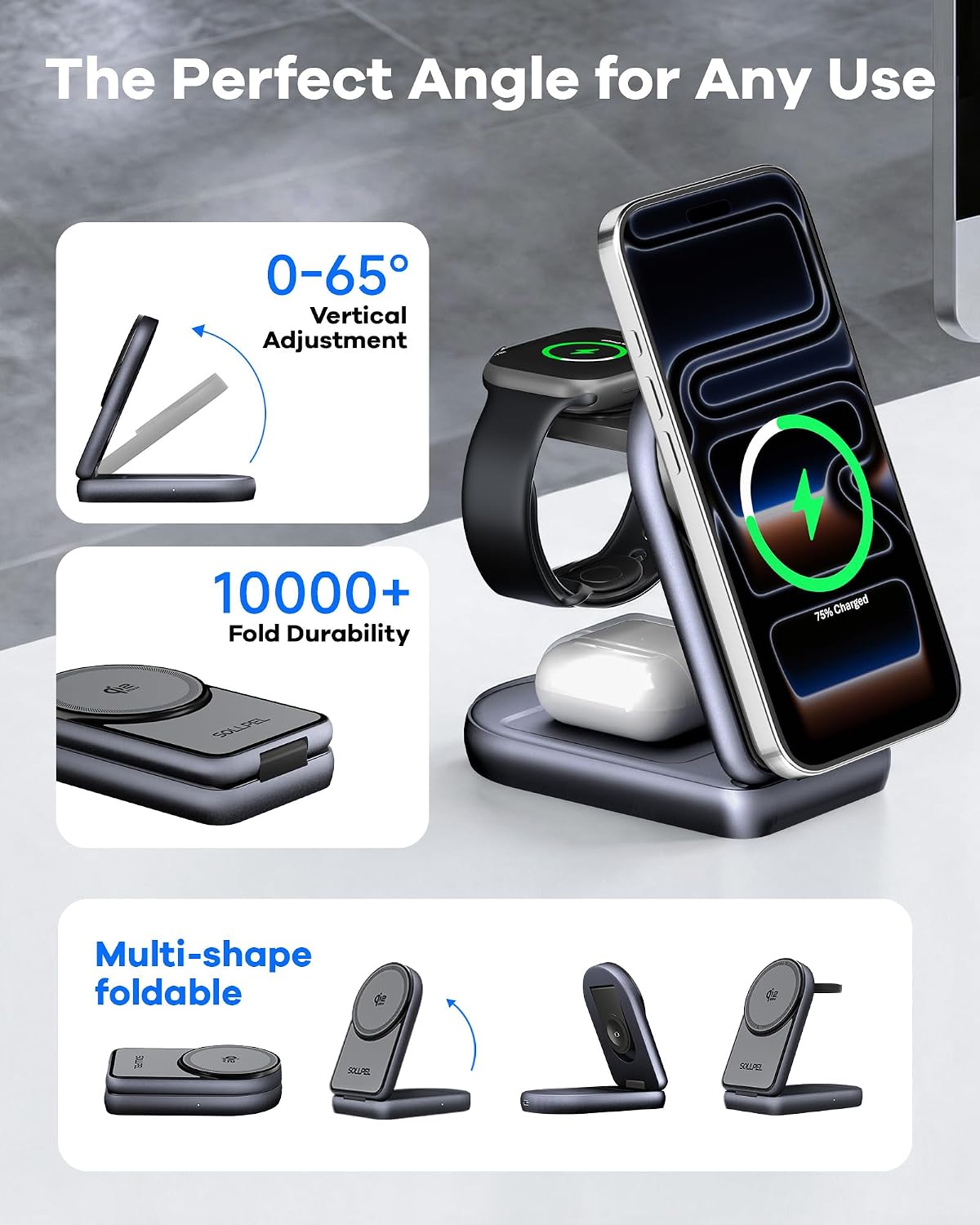 25W 3-in-1 Wireless Charging Station, Foldable MagSafe Charger