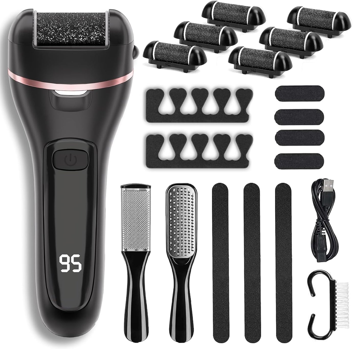 Wea&Hea Electric Foot File Callus Remover for Feet, 17-in-1 Kit | 17-in-1 pedicure kit, 3 roller heads, 2 speeds, rechargeable, IPX6 waterproof wet dry use for hard calluses and cracked heels