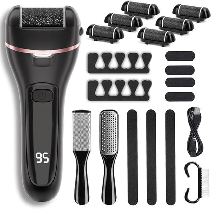 Wea&Hea Electric Foot File Callus Remover for Feet, 17-in-1 Kit | 17-in-1 pedicure kit, 3 roller heads, 2 speeds, rechargeable, IPX6 waterproof wet dry use for hard calluses and cracked heels
