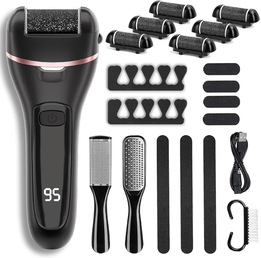 Wea&Hea Electric Foot File Callus Remover for Feet, 17-in-1 Kit | 17-in-1 pedicure kit, 3 roller heads, 2 speeds, rechargeable, IPX6 waterproof wet dry use for hard calluses and cracked heels