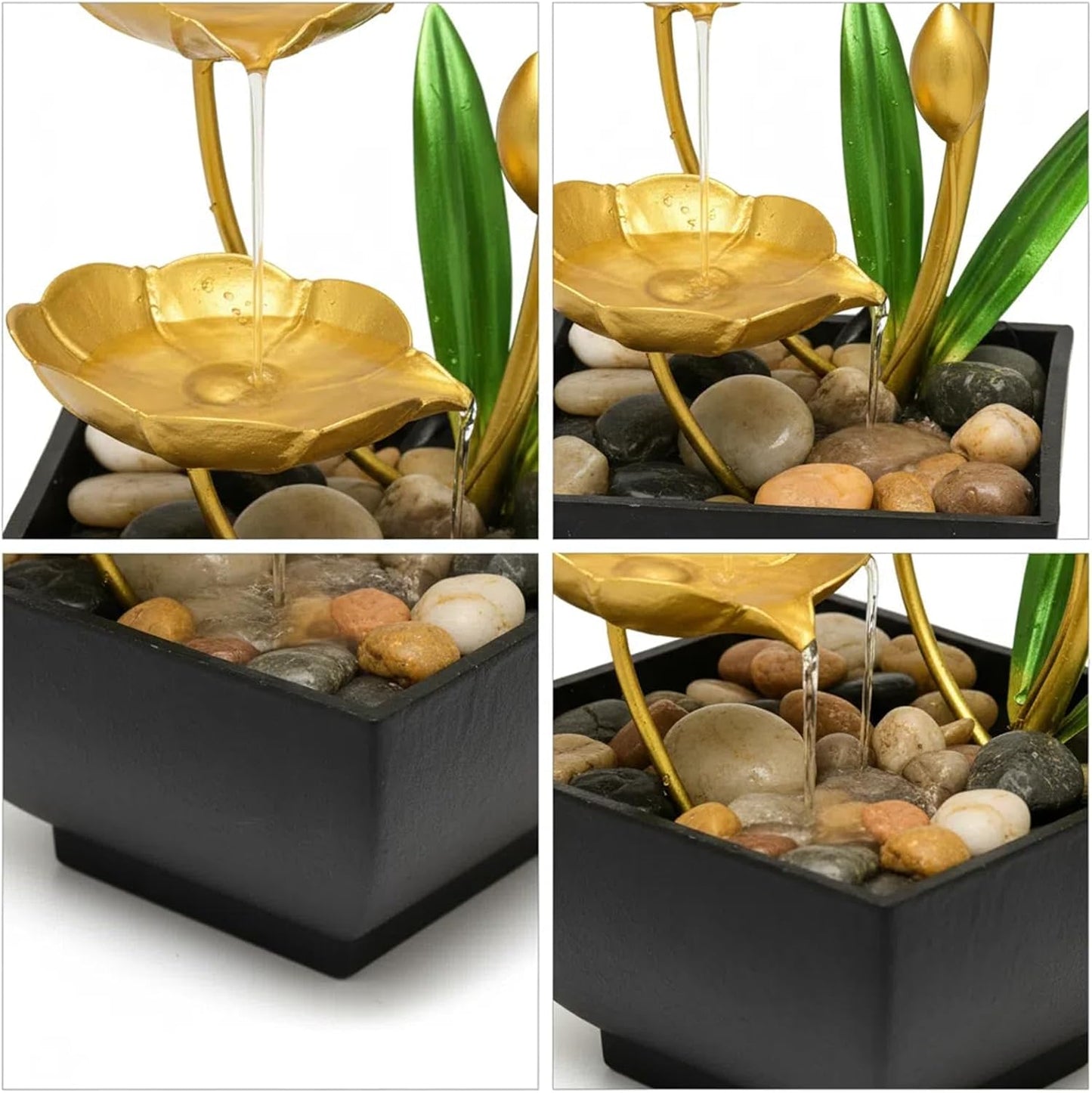 11‘’ H Gold Tabletop Water Fountain, Zen Desktop Waterfall, Indoor Lotus Desktop Decorative Fountain, Home Bathroom Bedroom Decor.