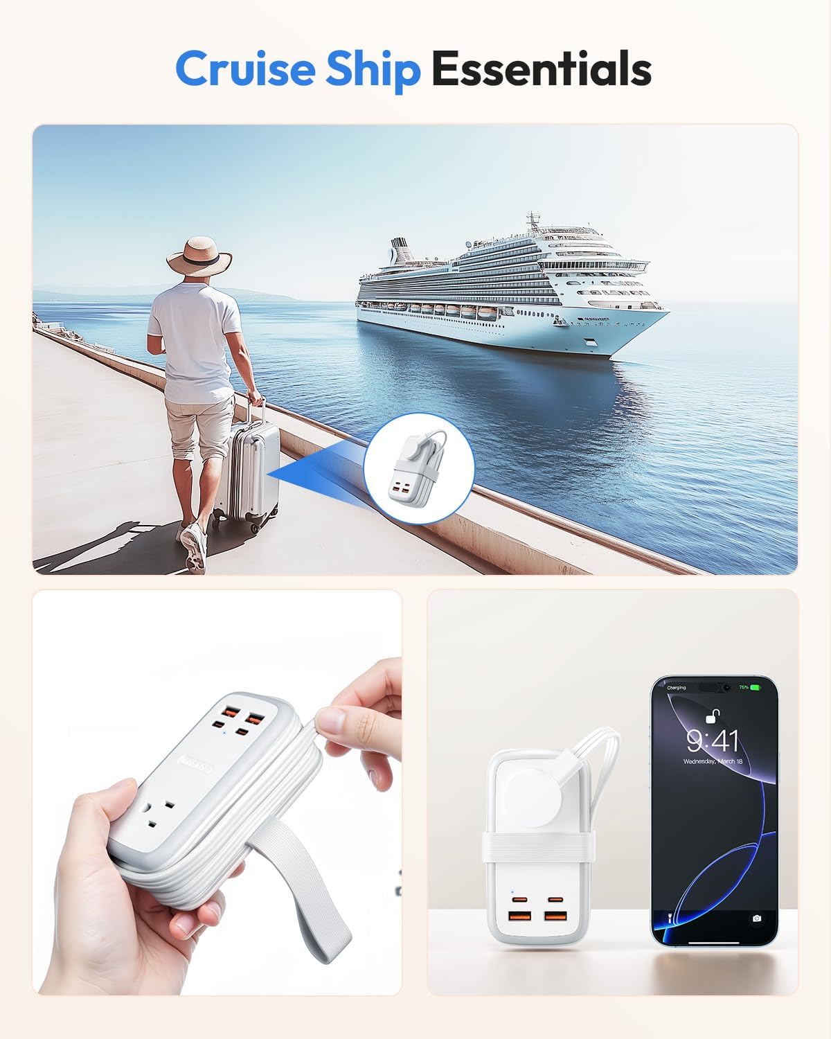 NTONPOWER GAN Ultra 65W USB Charging Station, 7 in 1 Travel Power Strip with 3 Outlets 4 USB (2 USB C), Extension Cord 4ft, Travel Essentials, Cruise Power Strip Compatible with MacBook, iPhone, White