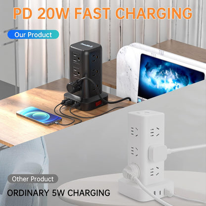 Extension Cord with Multiple Outlets, SMALLRT Power Strip Tower, Outlet Extender with 12 AC Outlets 4 USB, 6.5FT Extension Cord for Home Dorm Room, Office Supplies,Overload Protection