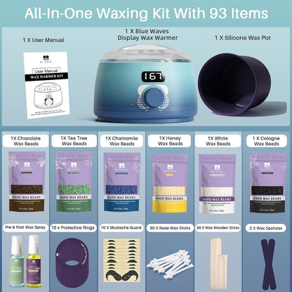 BLITZWAX Brazilian and Bikini Waxing Kit for Women, Hard Wax Warmer for Face, Legs and Body, At Home Hair Removal Kit, Beginner Friendly, Digital Fast Heating, 51 Wax Items
