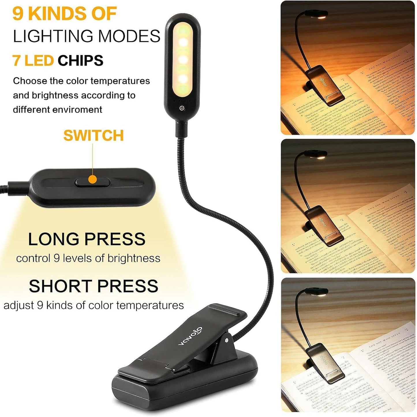 VAVOFO Clip On Book Light for Bed Kids, 7 LED Reading Light with 9-Level Warm Cool White Daylight, Eye Care Lamp with Power Indicator for Bookworms (Blue)