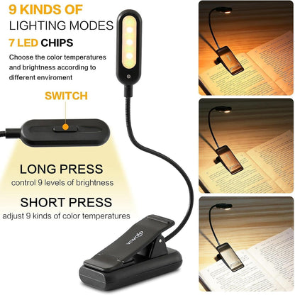 VAVOFO Clip On Book Light for Bed Kids, 7 LED Reading Light with 9-Level Warm Cool White Daylight, Eye Care Lamp with Power Indicator for Bookworms (Blue)