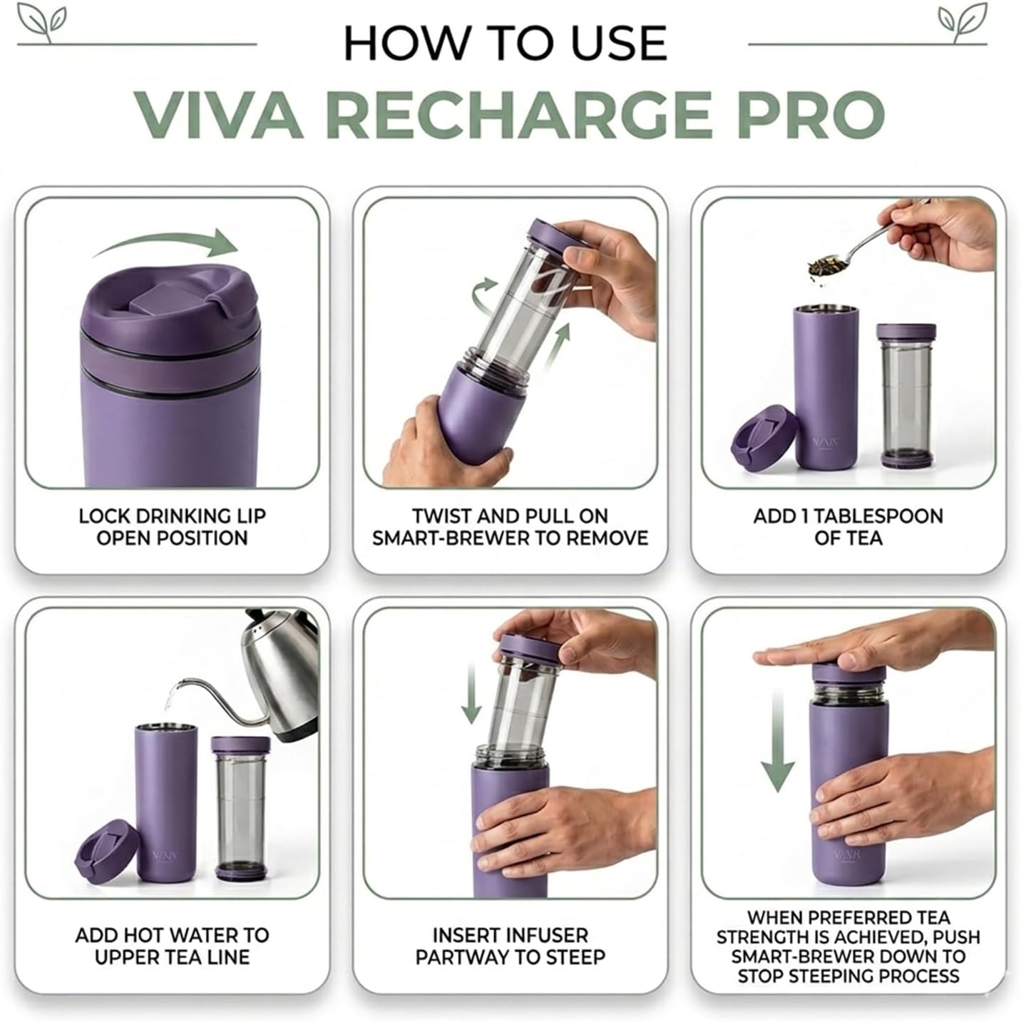 VIVA Recharge Tea Infuser Bottle, 16 oz Insulated Stainless Steel Travel Tea Tumbler with Infuser for Loose Leaf, Hot & Cold Tea & Coffee, Patented Steep Control, Leak-Resistant Lid - Mustard