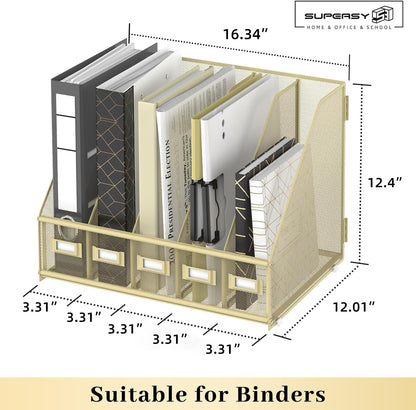 SUPEASY Desk Organizers Metal Desk Magazine File Holder with 5 Vertical Compartments Rack File Organizer for Office Desktop, Classroom, Home Workspace, Black